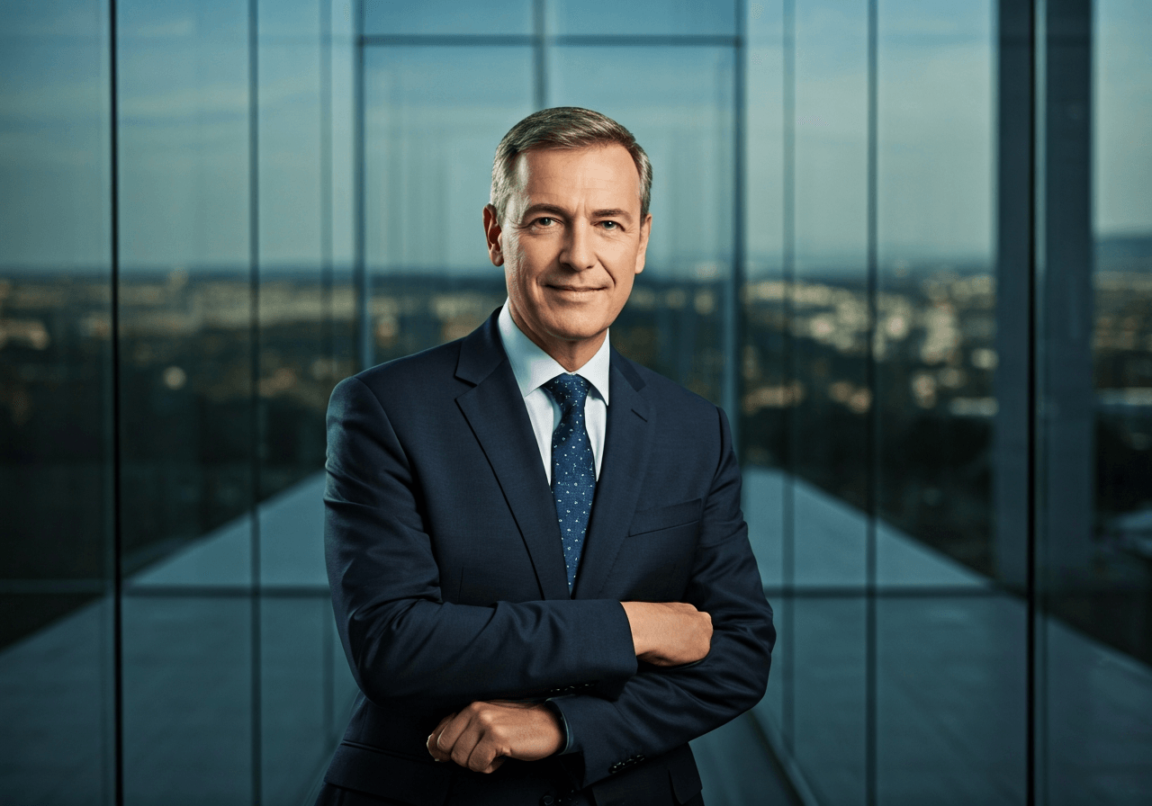 A professional portrait of a visionary business leader in a modern, minimalist glass office, soft natural light, depth of field, 85mm lens, highly detailed, no text, no words, no letters.