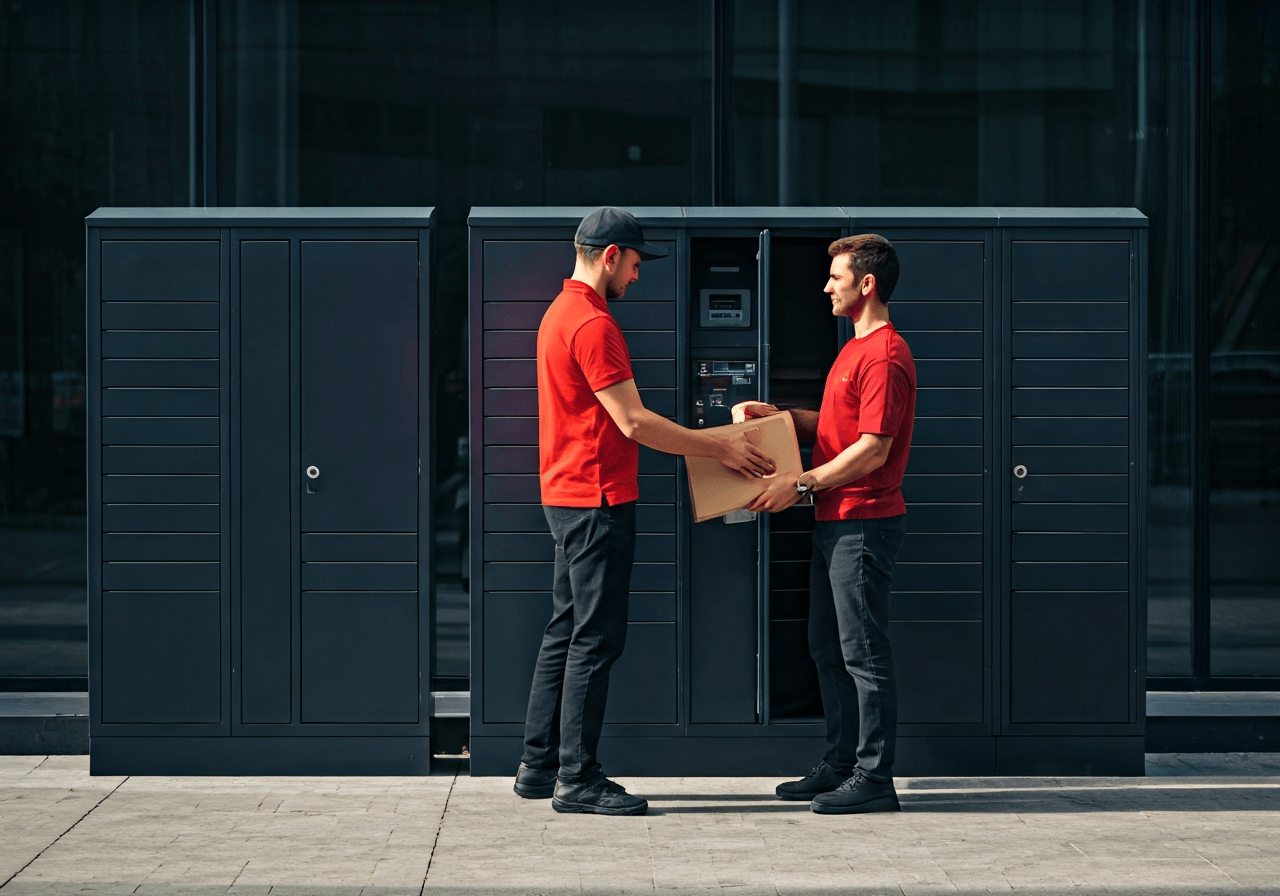 A professional delivery courier placing a parcel into a modern outdoor Z-BOX locker unit, bright urban setting, clean architectural lines, soft natural morning light, 85mm lens, high-end editorial photography style, no text, no words, no letters.