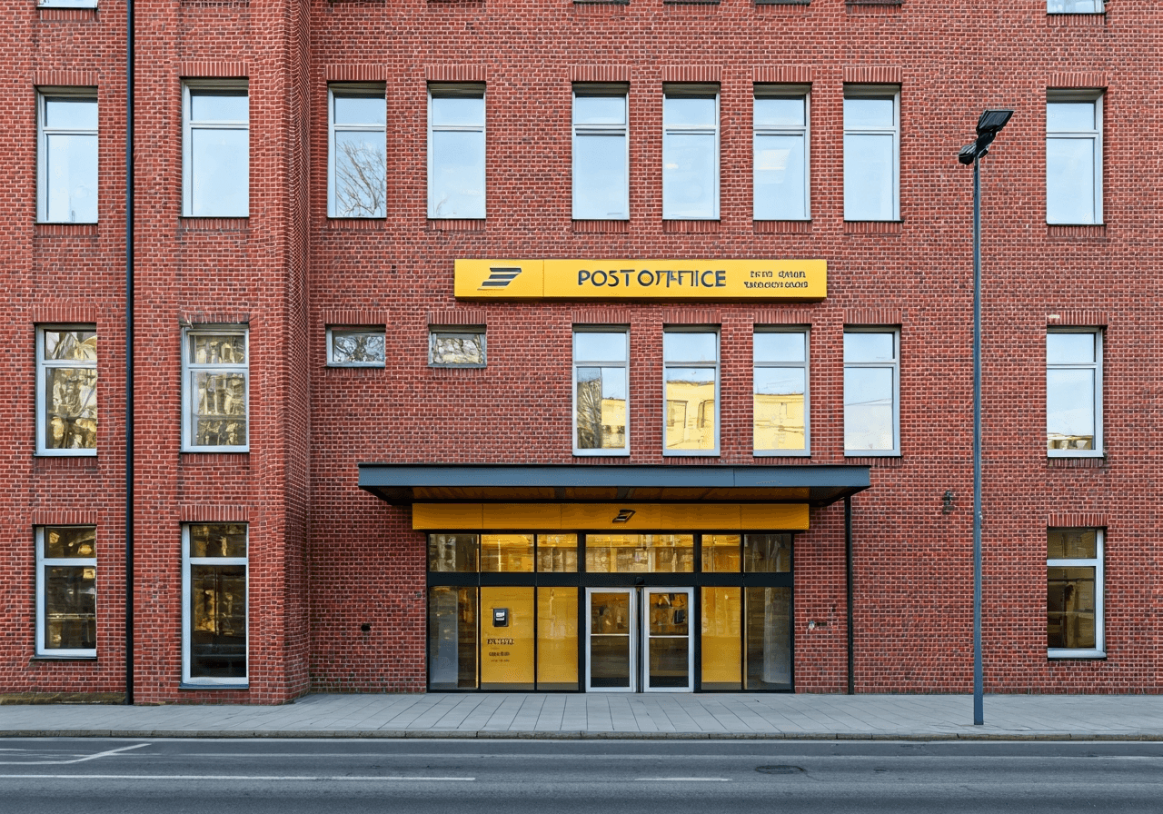 Pošta Chlumec: Jak vyřídit zásilky bez čekání? (Návod) 2 Editorial photography, the exterior of a clean modern Czech post office branch, brick building architecture, soft natural morning light, 85mm lens, high resolution, no text, no words, no letters