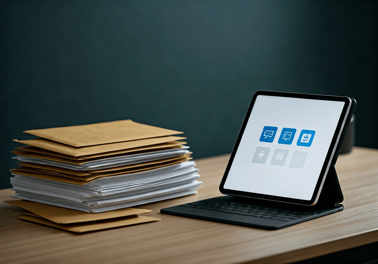 Pošta Chlumec: Jak vyřídit zásilky bez čekání? (Návod) 3 A professional, organized workspace featuring postal envelopes, a modern tablet showing a tracking app, and a neat stack of documents, clean minimalist office background, editorial photography, soft natural light, 85mm lens, high resolution, no text, no letters.