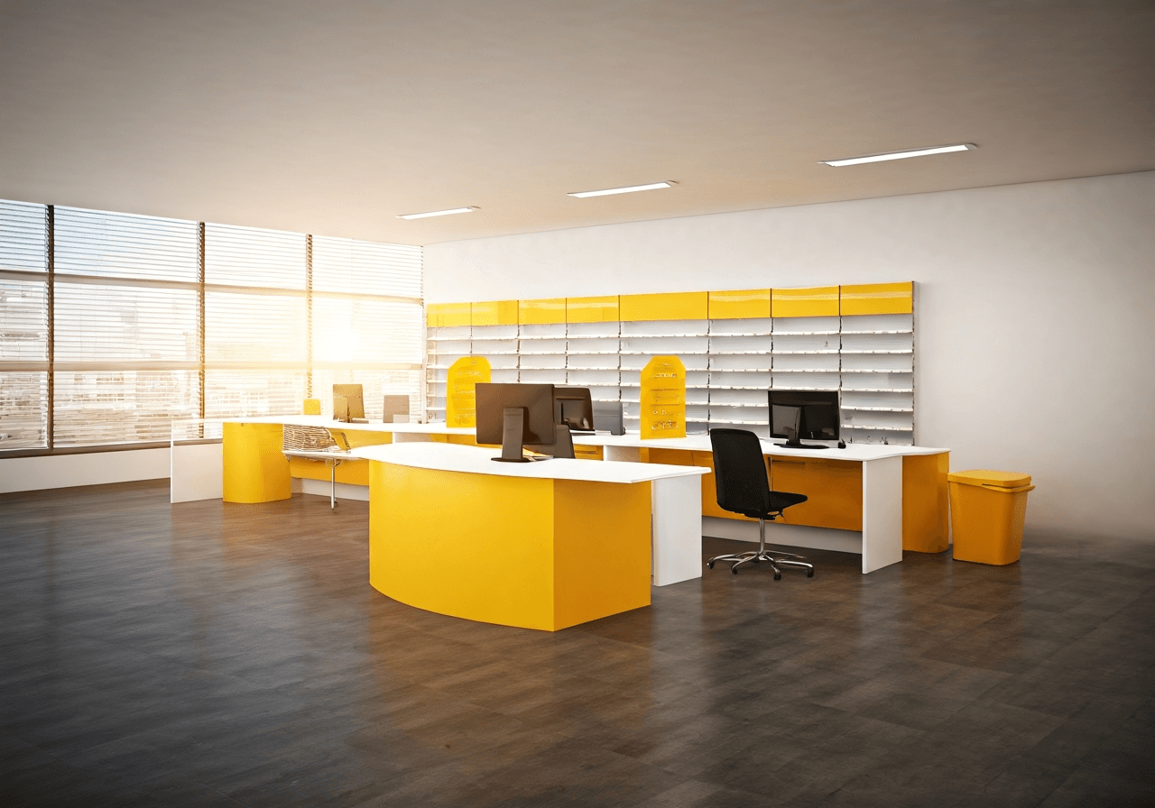 A professional, modern post office interior, clean minimalist design, bright and welcoming atmosphere with a focus on organized service desks, editorial photography, soft natural lighting, 85mm lens, high resolution, no text, no letters.