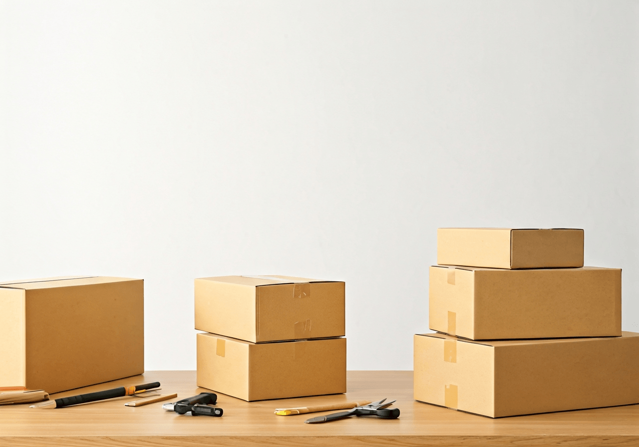 A clean, minimalist office desk with a neatly stacked pile of parcels and professional postal mailing tools, bright airy workspace environment, editorial photography, soft natural light, 85mm lens, high resolution, no text, no words, no letters