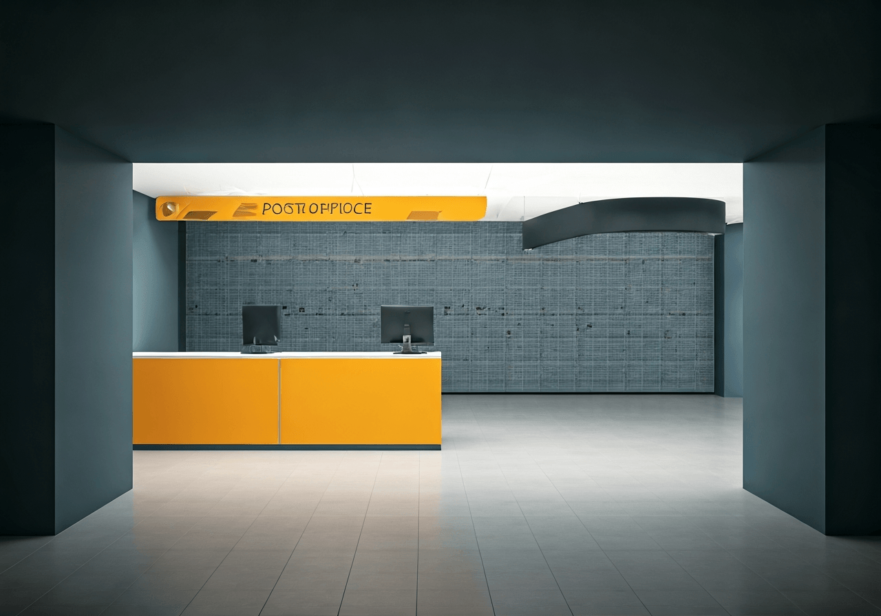 A professional, minimalist interior of a modern post office service point with natural light, clean lines, calm atmosphere, editorial photography, 85mm lens, high resolution, no text, no words, no letters.