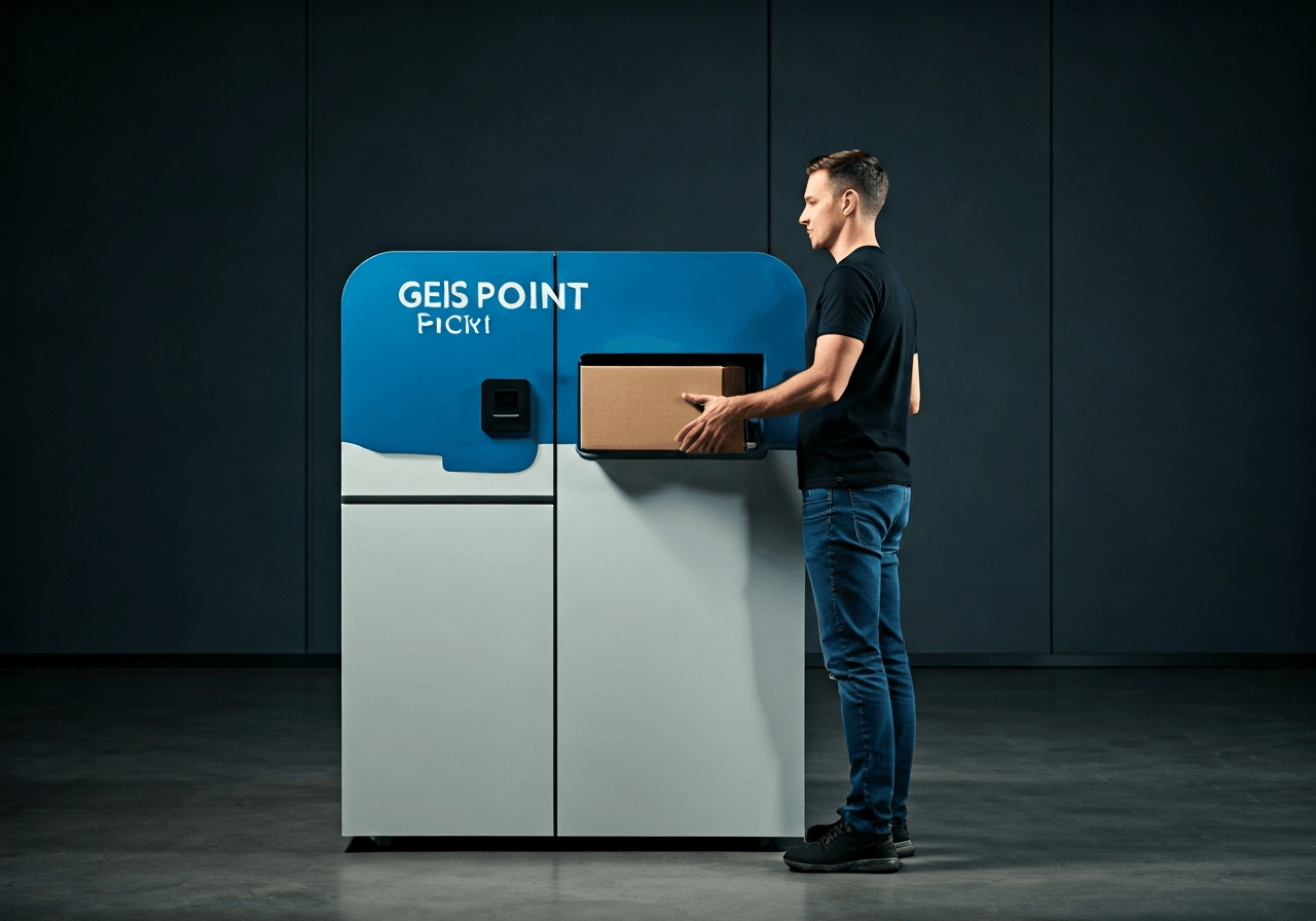 Geis Point Cheb: Rychlý návod k vyzvednutí (2026) 2 A professional logistics worker placing a package into a secure, clean, and modern Geis Point pick-up terminal, minimalist architecture, soft natural light, editorial photography, 85mm lens, high quality, no text, no letters