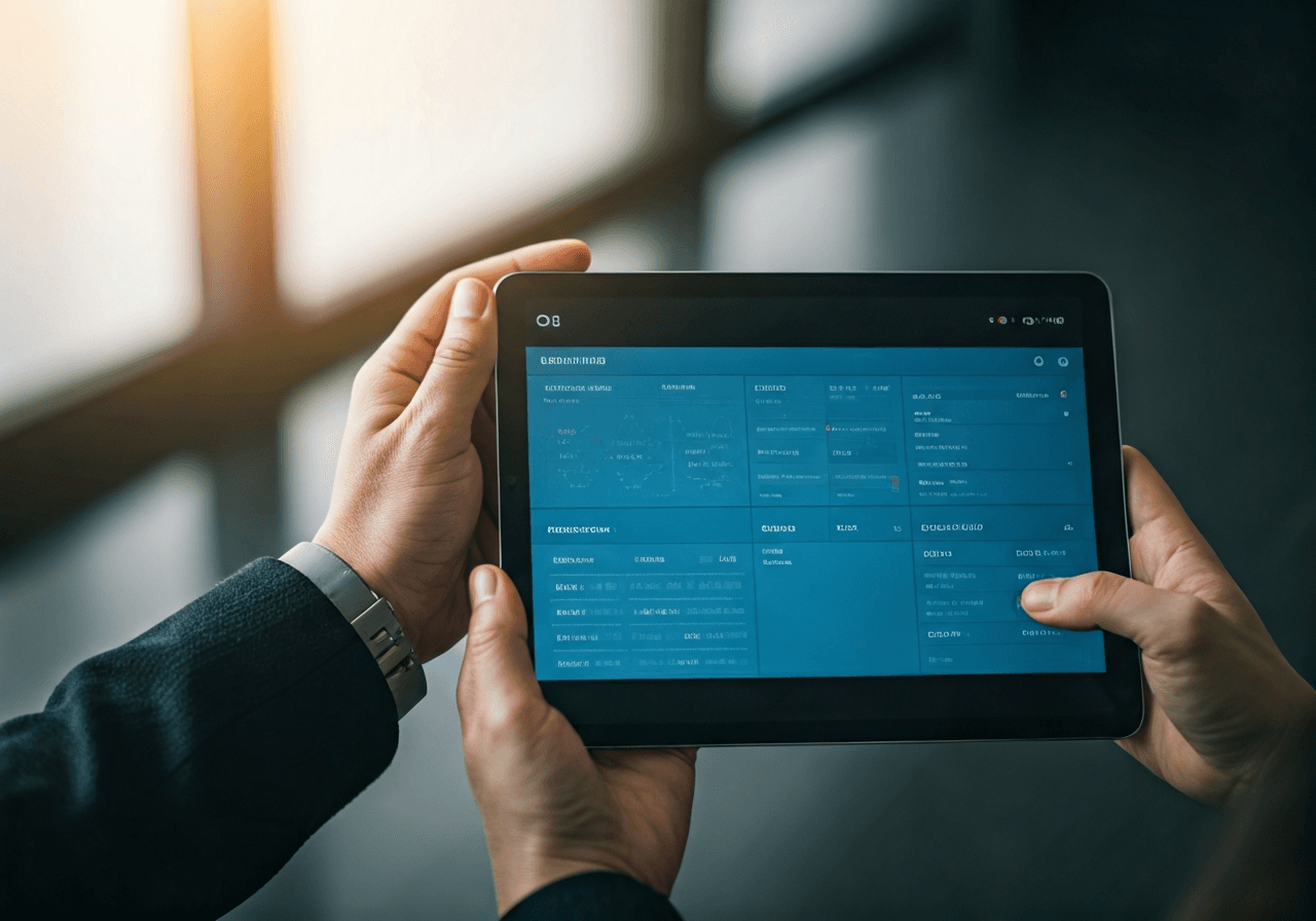 Geis Point Cheb: Rychlý návod k vyzvednutí (2026) 3 A professional logistics management dashboard on a sleek tablet screen held by a person in a modern bright office, clean minimalist aesthetic, professional atmosphere, soft natural window light, 85mm macro lens, high-end editorial photography, no text, no words, no letters