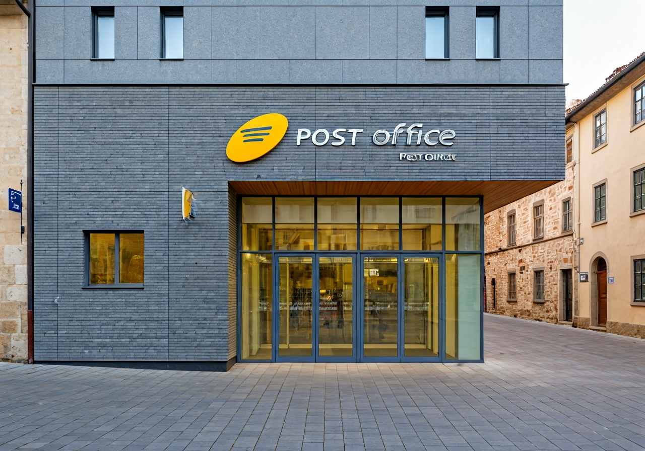 Editorial photography, the modern facade of a post office building in a historical town setting, clear signage, soft natural light, 85mm lens, high quality, no text, no letters