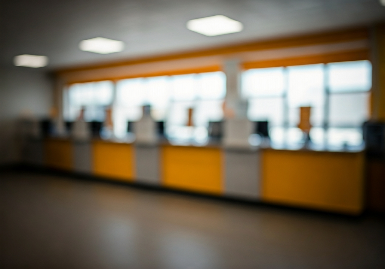 A professional, modern post office interior in the Zlínský kraj region, clean lines, minimalist aesthetic, blurred background of organized postal counters, soft natural light, editorial photography style, 85mm lens, high quality, no text, no letters