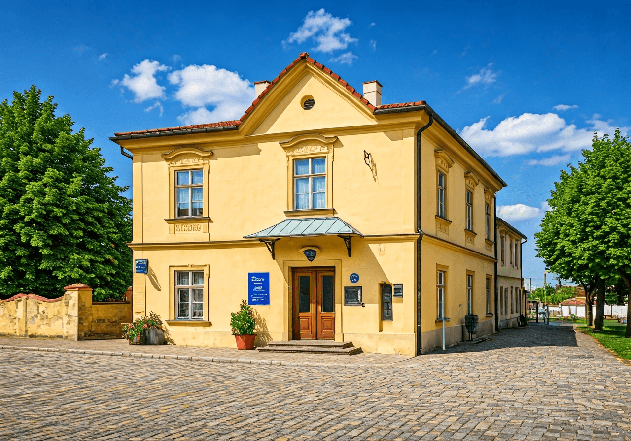 Editorial photography, the exterior of a charming rural Czech post office building with traditional architecture, bright daylight, soft natural light, 85mm lens, high quality, no text, no words, no letters