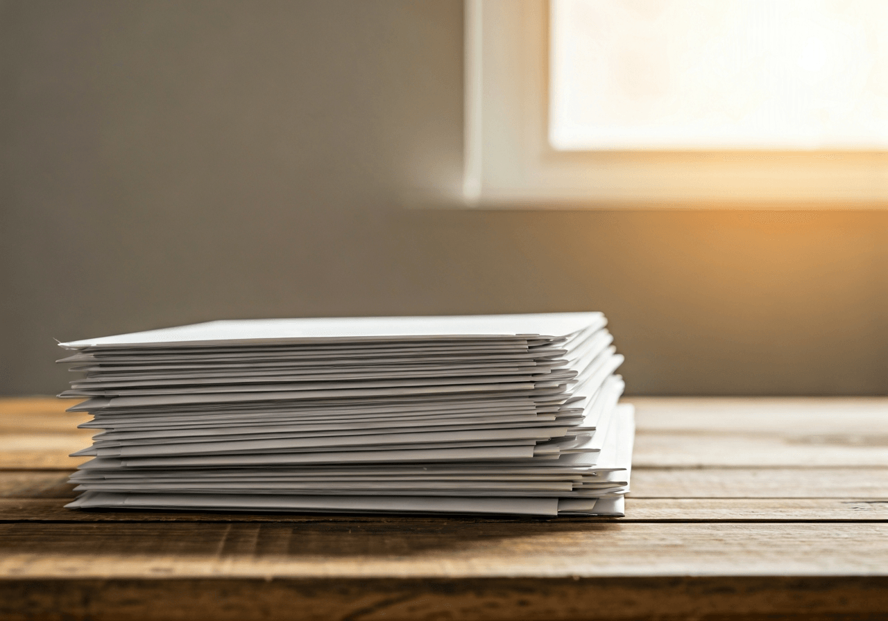 A neat stack of letters and parcels on a wooden rustic desk, bright morning sunlight filtering through a window, clean and organized workspace, editorial photography, 85mm lens, high quality, no text, no words, no letters.