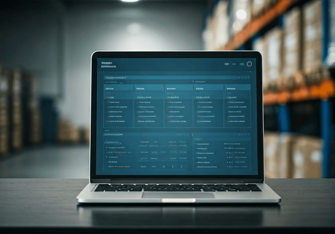 A professional logistics dashboard displayed on a sleek laptop screen, modern warehouse background with soft bokeh, high-tech interface showing delivery routes and tracking status, editorial photography, soft natural light, 85mm lens, highly detailed, no text, no letters