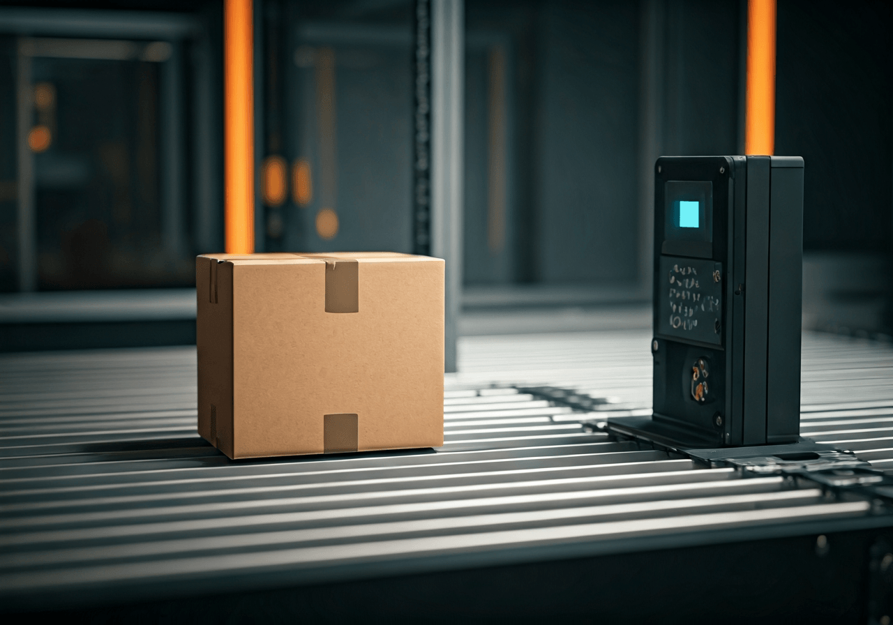 A high-tech smart package being scanned in a modern, automated distribution center, minimalist industrial aesthetic, soft natural light, shallow depth of field, 85mm lens, high resolution, no text, no words, no letters.