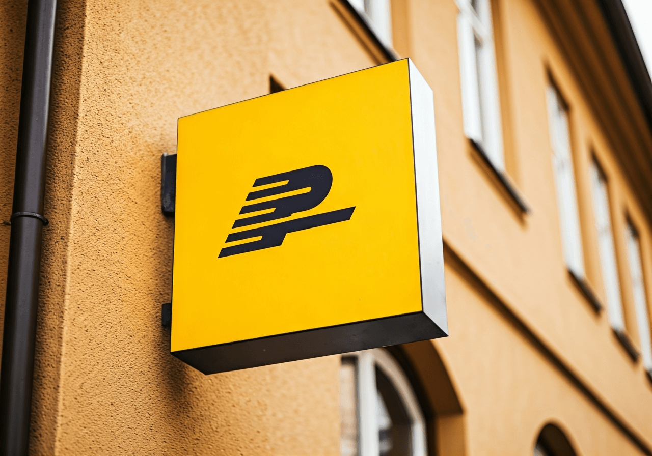 A modern, clean signage of a local postal service office in the heart of a charming Czech village, warm daylight, architectural photography, sharp focus, 85mm lens, no text, no letters.
