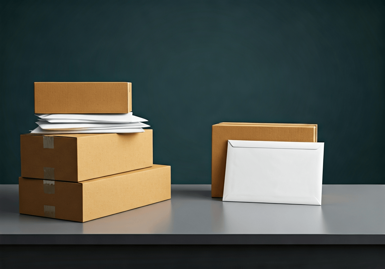 A professional, organized post office counter with a stack of brown cardboard parcels and white envelopes, modern clean interior, soft natural light, 85mm lens, depth of field, premium editorial style, no text, no words, no letters.