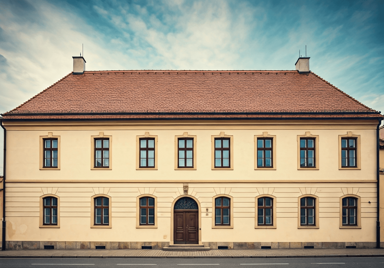 A vintage architectural facade of a historical building in Střekov, Ústí nad Labem, capturing the essence of local heritage, shot in soft natural light, editorial aesthetic, 85mm lens, highly detailed, no text, no letters