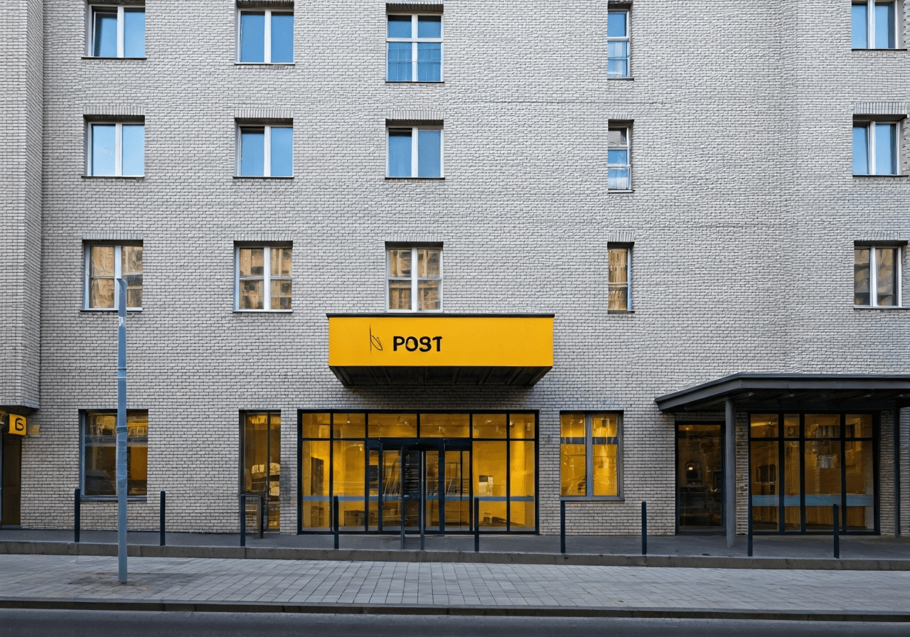 Exterior view of a modern Czech Post office branch, urban residential setting in Prague, clean architecture, soft daylight, professional editorial photography, 85mm lens, high resolution, no text, no letters, no signs