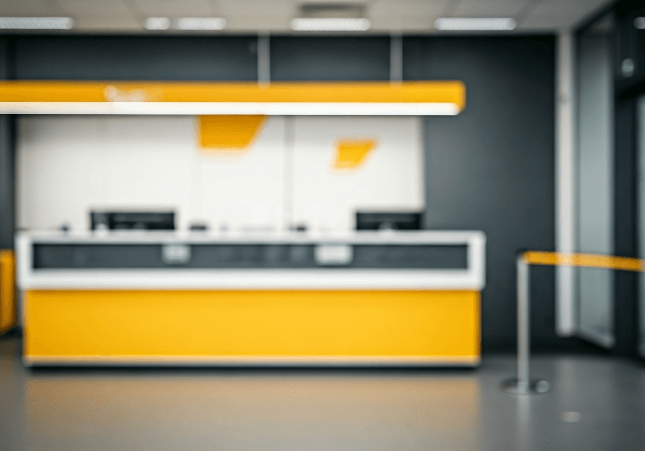 A professional interior of a modern post office service desk, clean aesthetic, blurred background, soft natural lighting, editorial photography style, 85mm lens, no text, no words, no letters