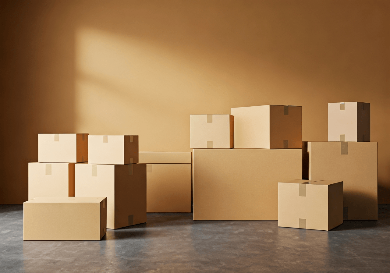 A professional logistics warehouse setting featuring diverse parcels ready for shipment, soft natural light, minimalist and premium aesthetic, editorial photography, 85mm lens, no text, no words, no letters.
