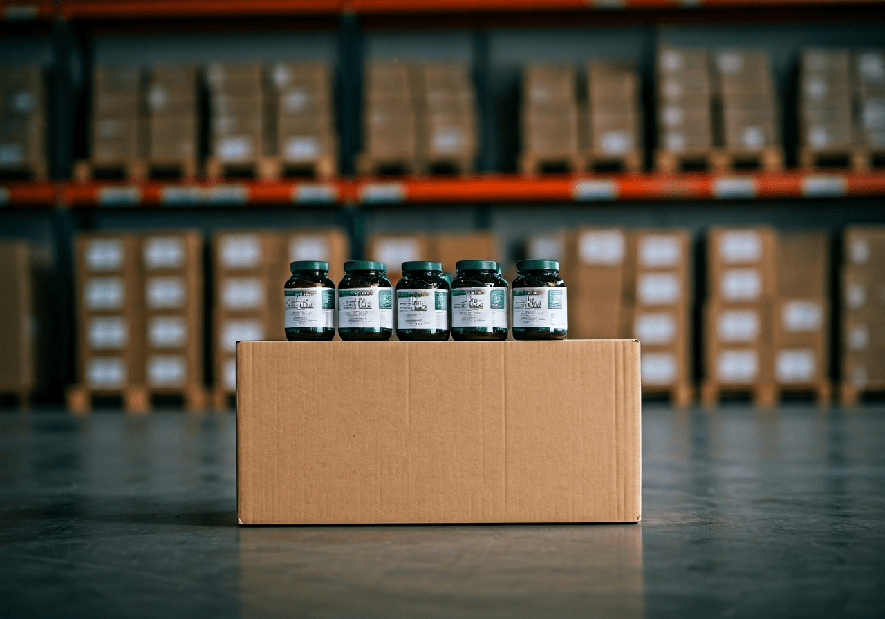 A professional logistics warehouse setting featuring organized shipments of premium organic health supplements, clean modern environment, soft natural light, 85mm lens, depth of field, high-end editorial photography, no text, no words, no letters.