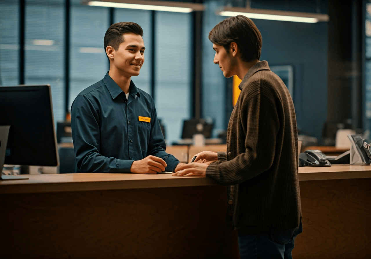 Pošta Tuchoměřice: Balíky Rychle a Snadno (2026) 3 Editorial photography, a modern post office interior with a friendly postal worker assisting a customer, clean and organized counter, soft natural light, 85mm lens, premium aesthetic, no text, no words, no letters