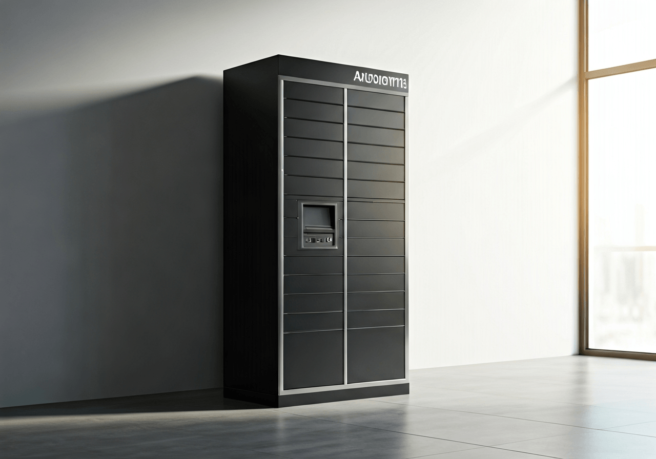 A sleek, modern automated parcel locker station in a bright, minimalist urban setting, soft morning sunlight, editorial photography style, 85mm lens, high detail, no text, no words, no letters