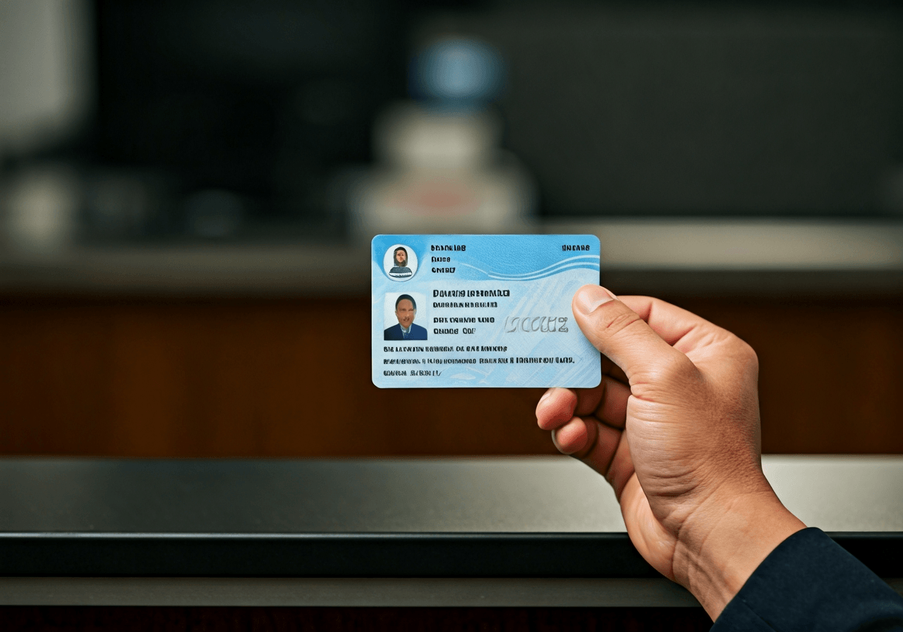 A professional close-up shot of a hand holding a valid government-issued ID card over a clean, modern post office counter, aesthetic is clean and premium, soft natural lighting, 85mm lens, highly detailed, no text, no words, no letters