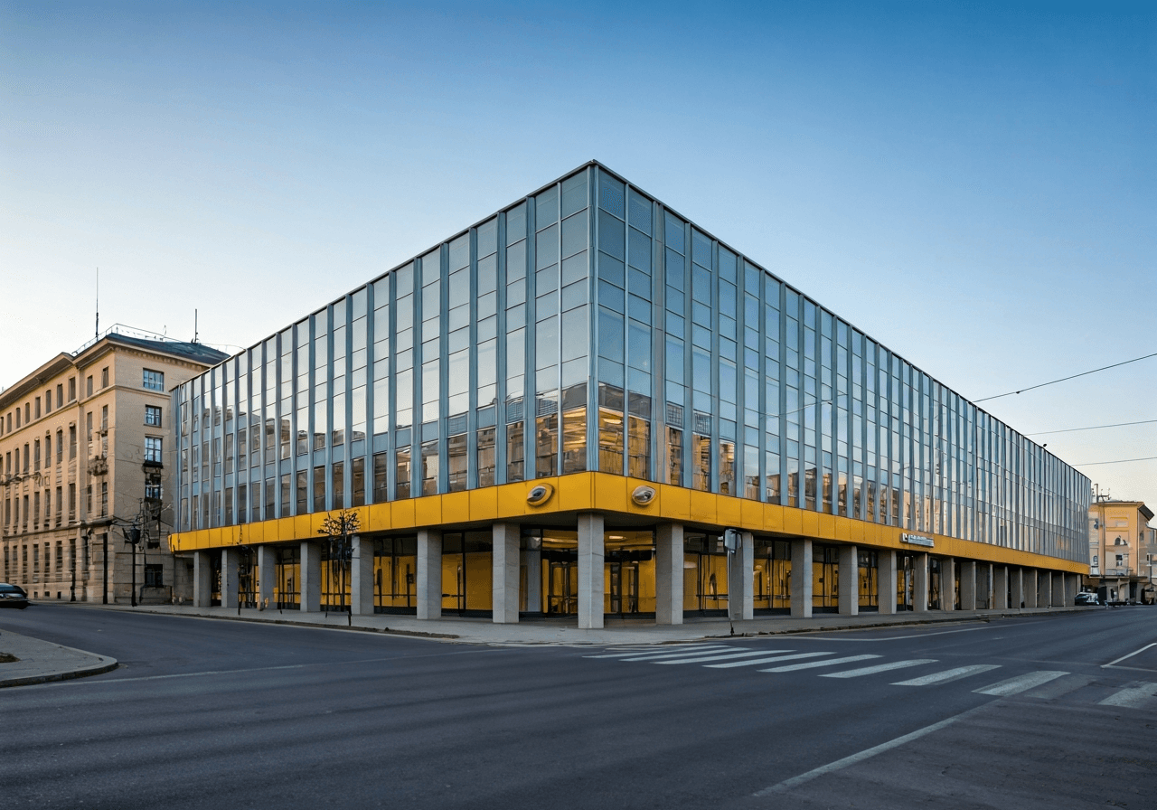Editorial photography, the exterior facade of a modern post office building in Olomouc, urban setting, soft natural light, 85mm lens, high resolution, no text, no words, no letters