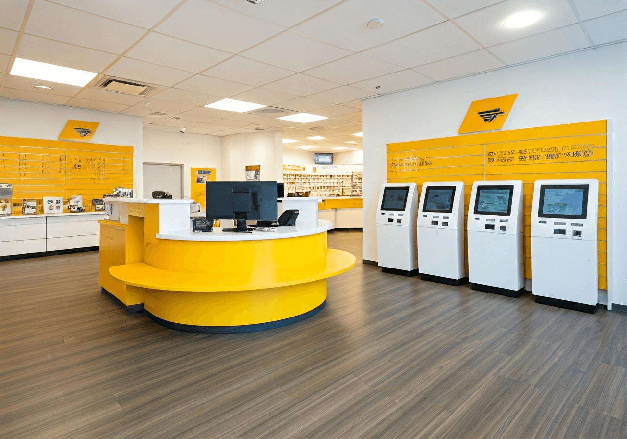 A professional interior of a modern post office branch, clean aesthetic, focus on customer service desk and digital kiosks, soft natural light, editorial photography, 85mm lens, high quality, no text, no words, no letters