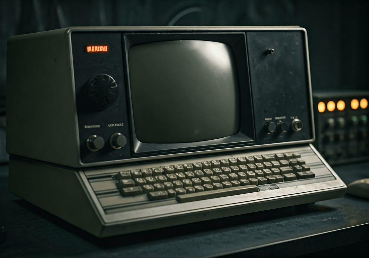 Elektronická pošta: Průvodce krok za krokem (za 5 min) 2 A vintage mainframe computer terminal from the 1970s with a glowing monochrome screen, dark lab environment, retro-futuristic aesthetic, soft volumetric lighting, 85mm macro lens, cinematic depth of field, no text, no words, no letters.