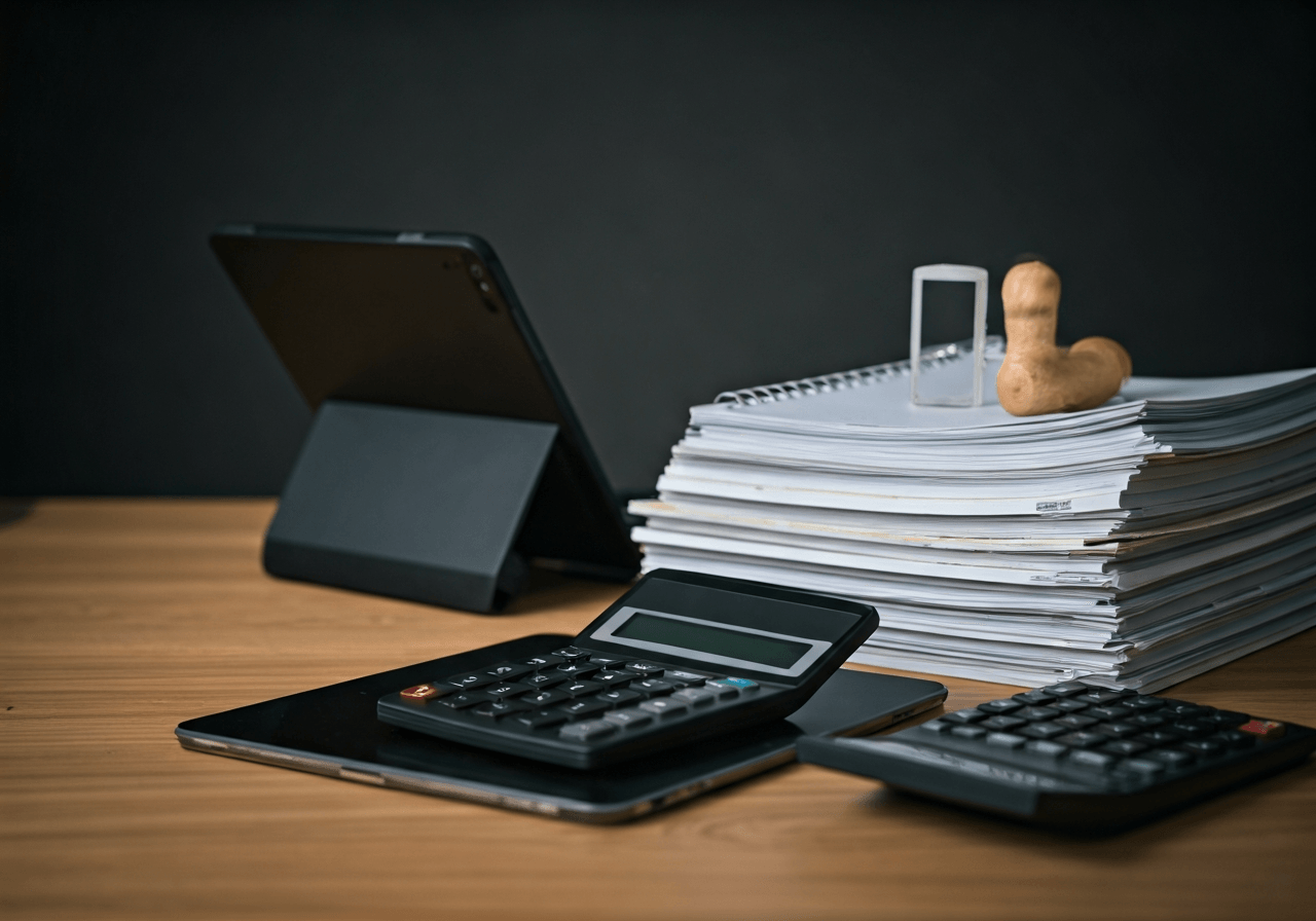 Professional customs brokerage office desk with digital tablets, calculator, stacks of logistics shipping documents, and a customs clearance stamp, soft natural light, premium editorial aesthetic, 85mm lens, high resolution, no text, no words, no letters.
