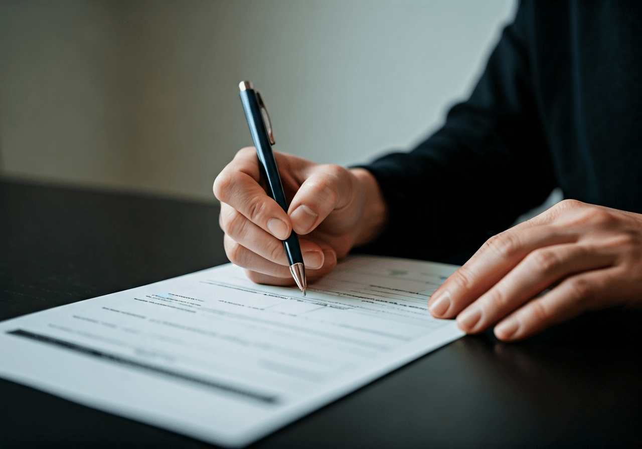 Editorial photography, close-up of hands filling out a customs declaration form with a pen, modern office setting, soft natural light, 85mm lens, no text, no words, no letters