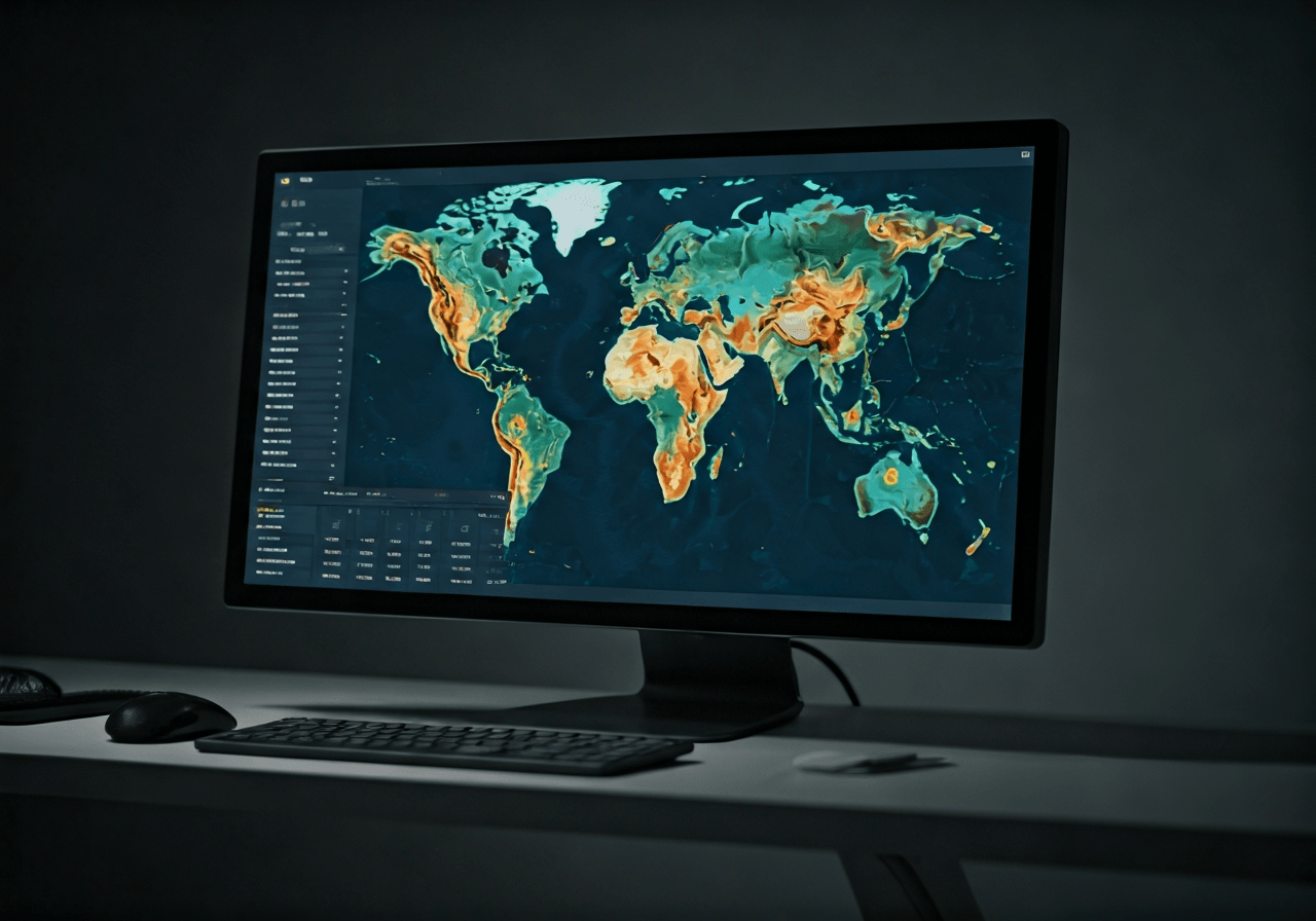 A high-end logistics control center screen displaying global package movement heatmaps, sleek digital interface, modern minimalist workspace, editorial photography, soft natural light, 85mm lens, highly detailed, no text, no letters.