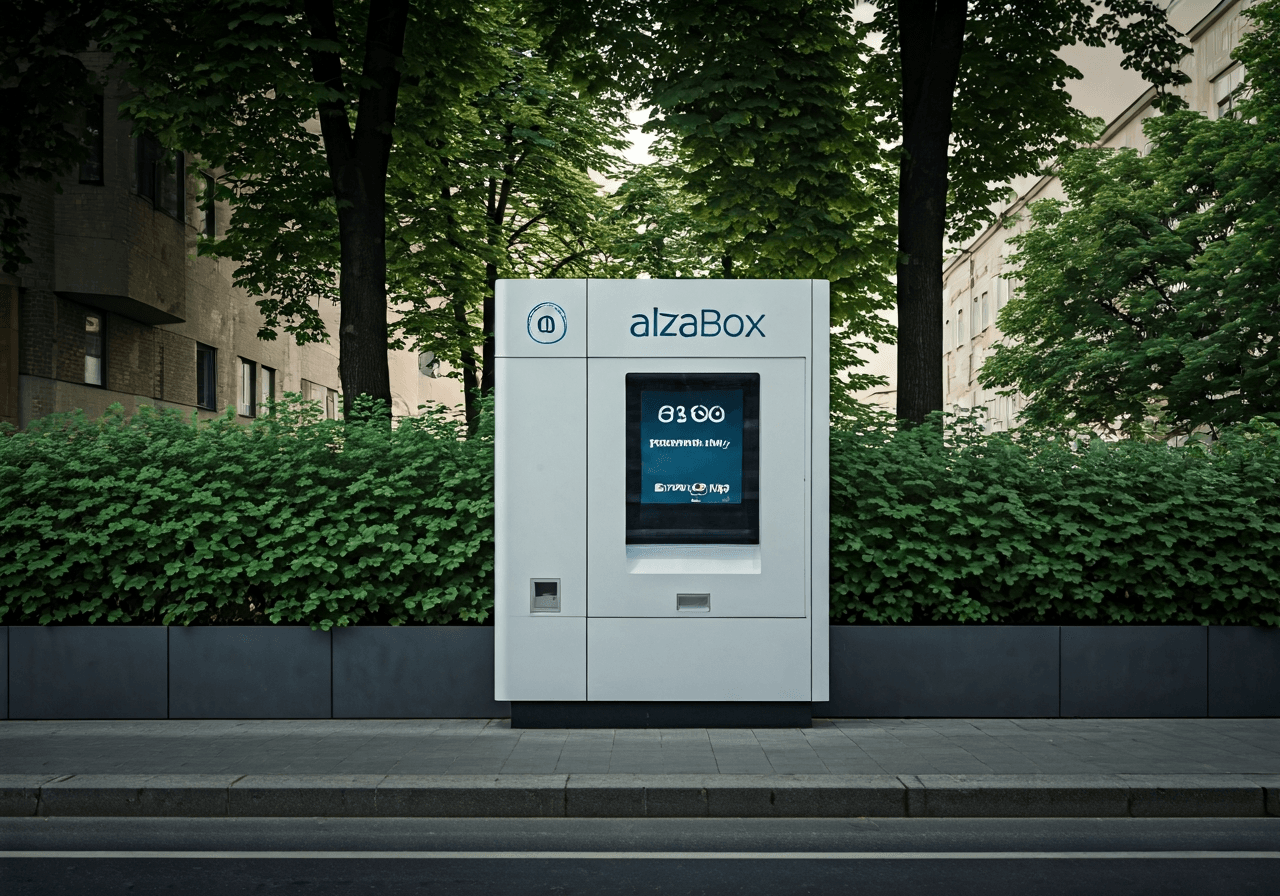 A modern AlzaBox station in a clean, urban environment in Prague Bohnice, surrounded by subtle greenery, soft natural sunlight, cinematic editorial style, 85mm lens, high quality, no text, no letters