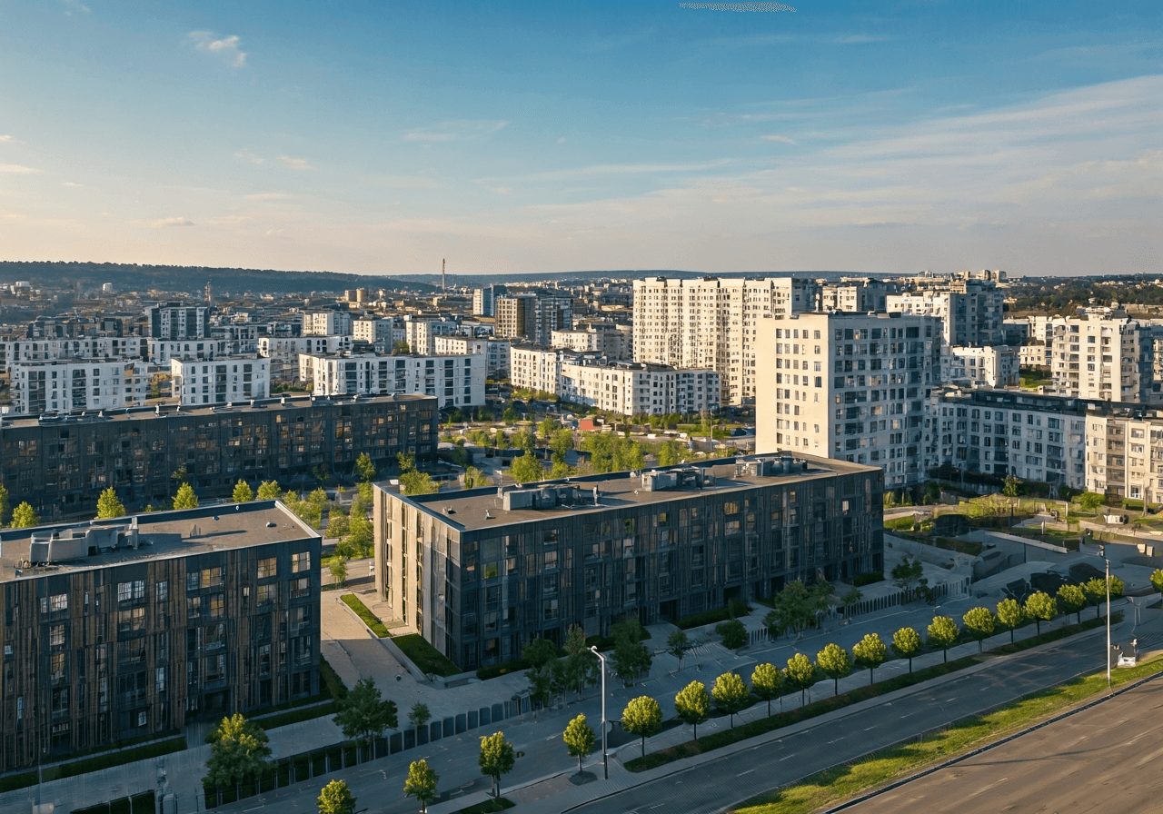 Aerial view of a modern urban residential area in Prague, clean logistics infrastructure, community wellness concept, editorial photography, soft natural light, 85mm lens, highly detailed, no text, no words, no letters