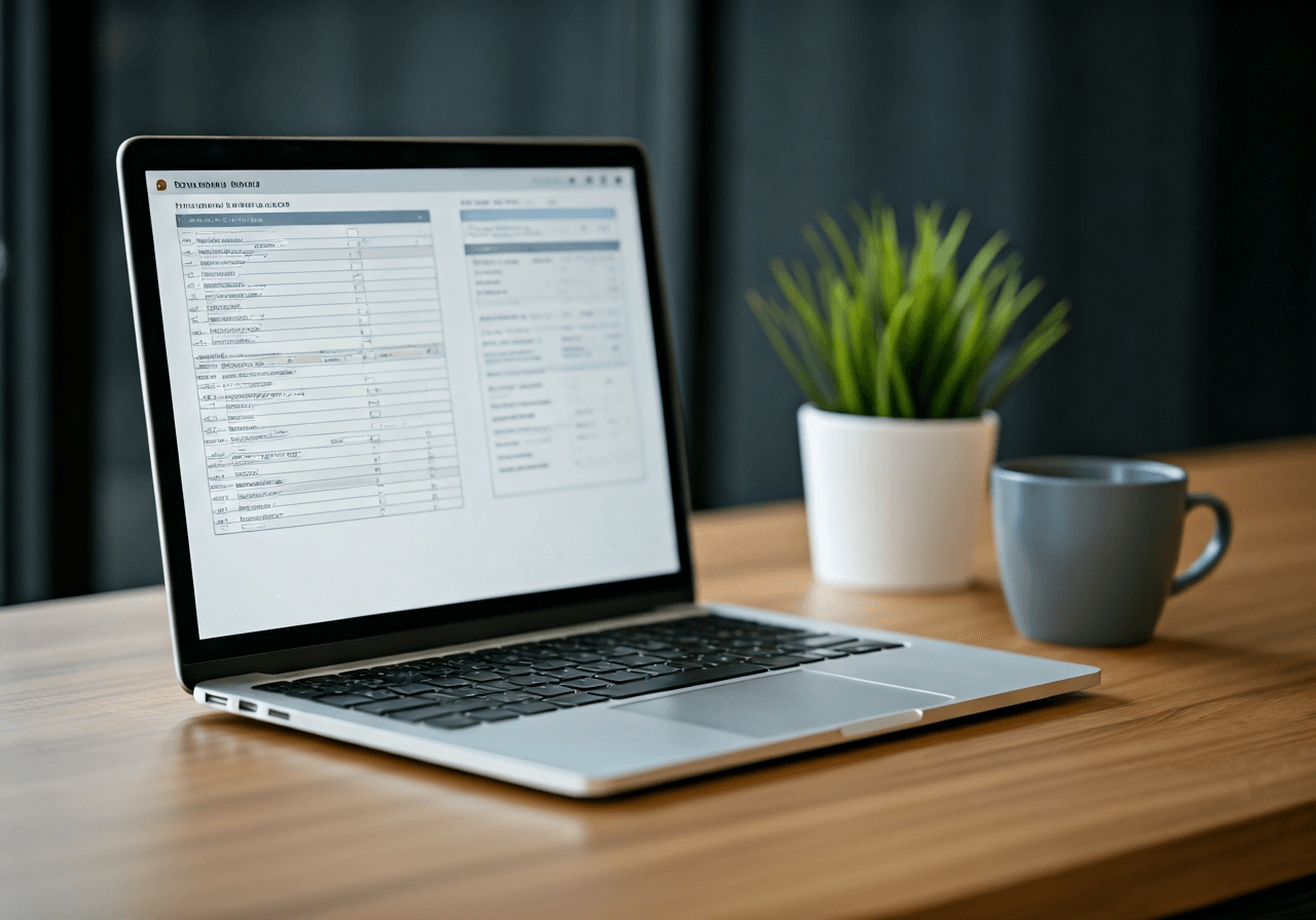 A professional logistics workspace with a clean laptop screen showing customs documentation, modern office aesthetic, premium minimalist design, soft natural light, 85mm lens, high detail, no text, no letters