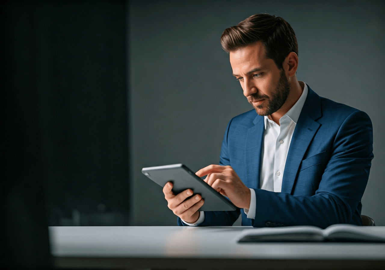 A professional logistics manager reviewing digital data on a tablet in a clean, modern high-tech office, soft natural light, 85mm lens, depth of field, high-end editorial photography style, no text, no words, no letters.
