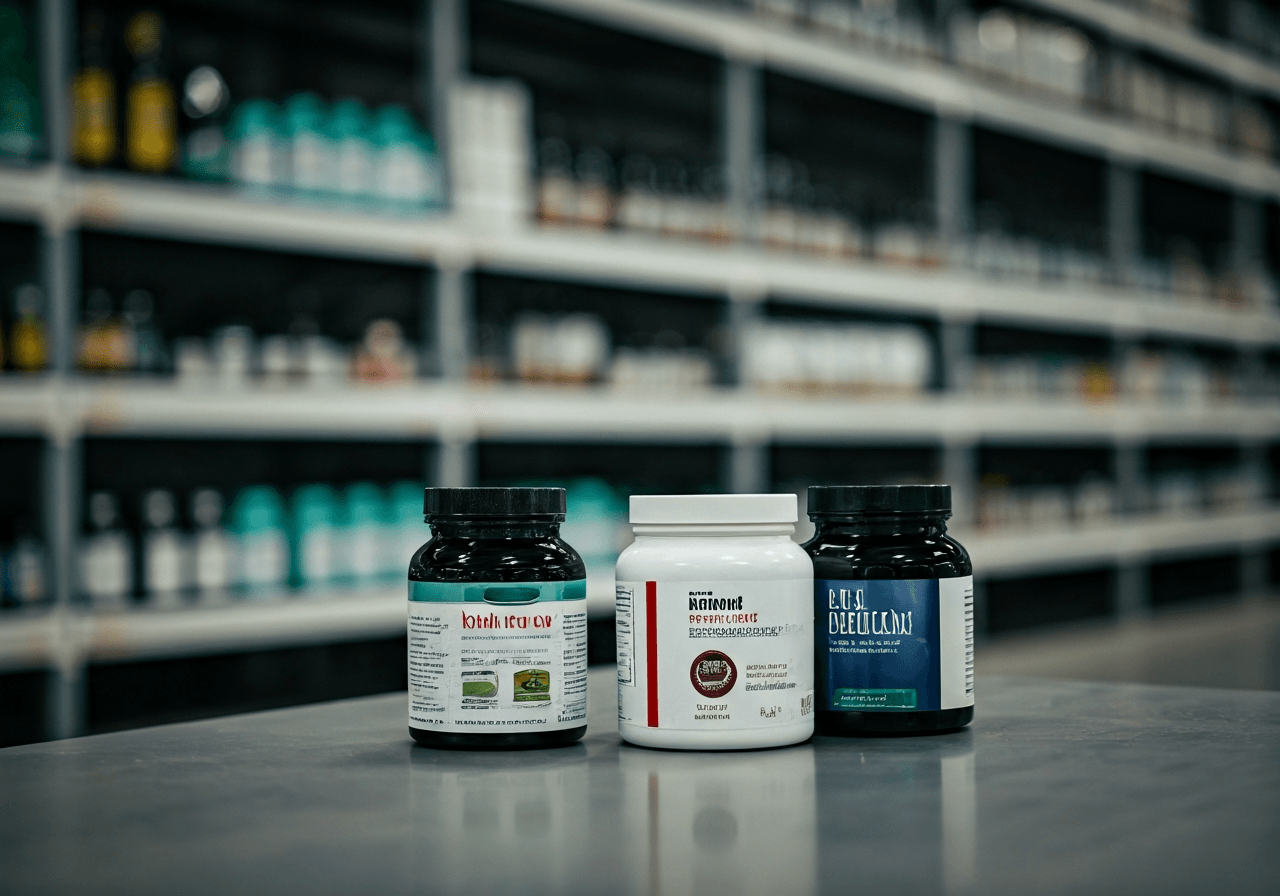 A professional logistics warehouse interior focused on premium health supplements and organic products, neatly organized on shelves, clinical and clean environment, soft natural light, depth of field, 85mm lens, high quality editorial photography, no text, no words, no letters