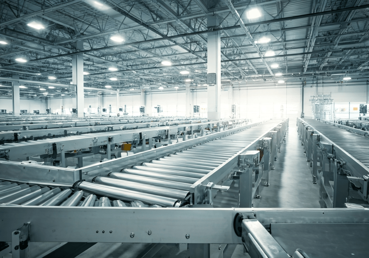 A high-tech logistics center interior featuring automated conveyor belts and digital screens, clean minimalist aesthetic, professional editorial photography, soft natural lighting, 85mm lens, depth of field, no text, no words, no letters.