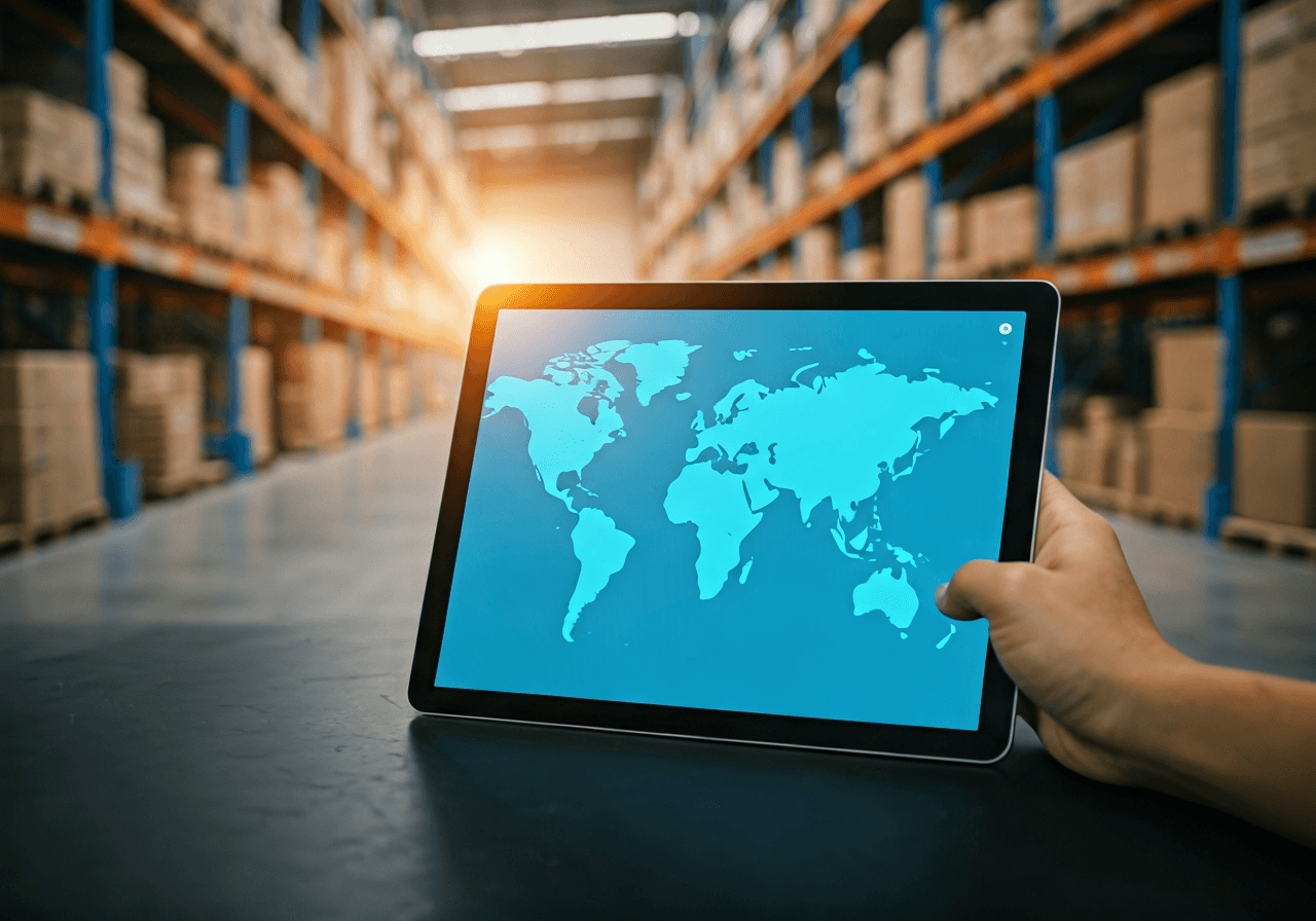 A professional logistics warehouse setting with a close-up on a digital tablet displaying a real-time global shipment map, soft natural light, premium editorial aesthetic, 85mm lens, high resolution, no text, no letters