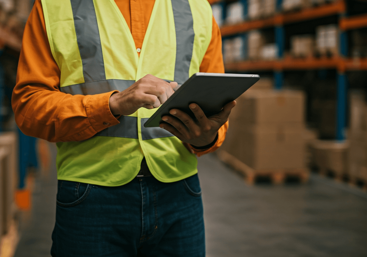 A professional logistics worker examining digital shipment statuses on a sleek tablet screen in a modern, bright warehouse environment, shallow depth of field, 85mm lens, professional editorial aesthetic, soft natural light, no text, no words, no letters
