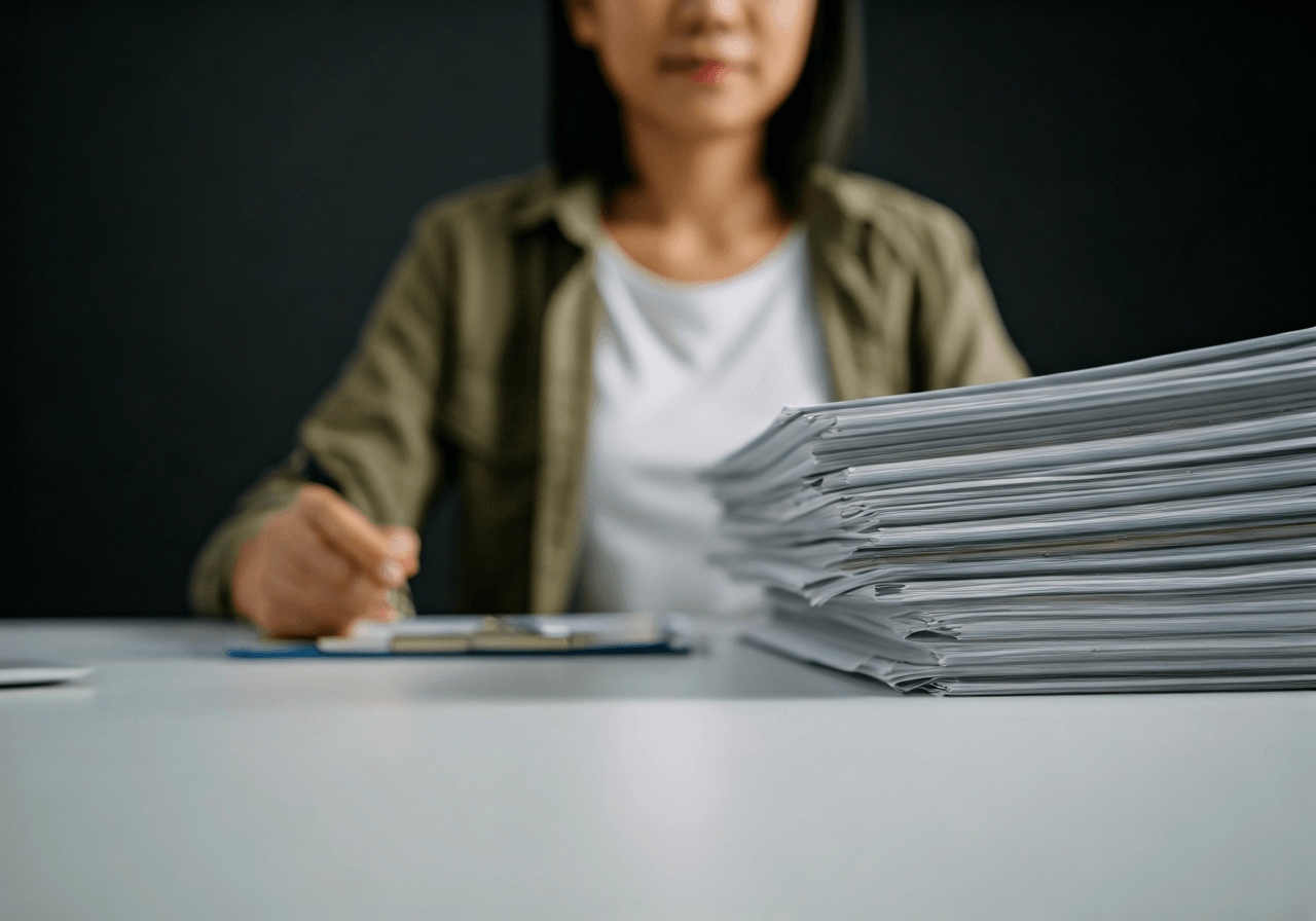 A professional logistics coordinator working in a modern, bright office with stacks of organized international shipping documents and fresh organic superfood products, editorial style, premium aesthetic, soft natural light, 85mm lens, highly detailed, no text, no letters.