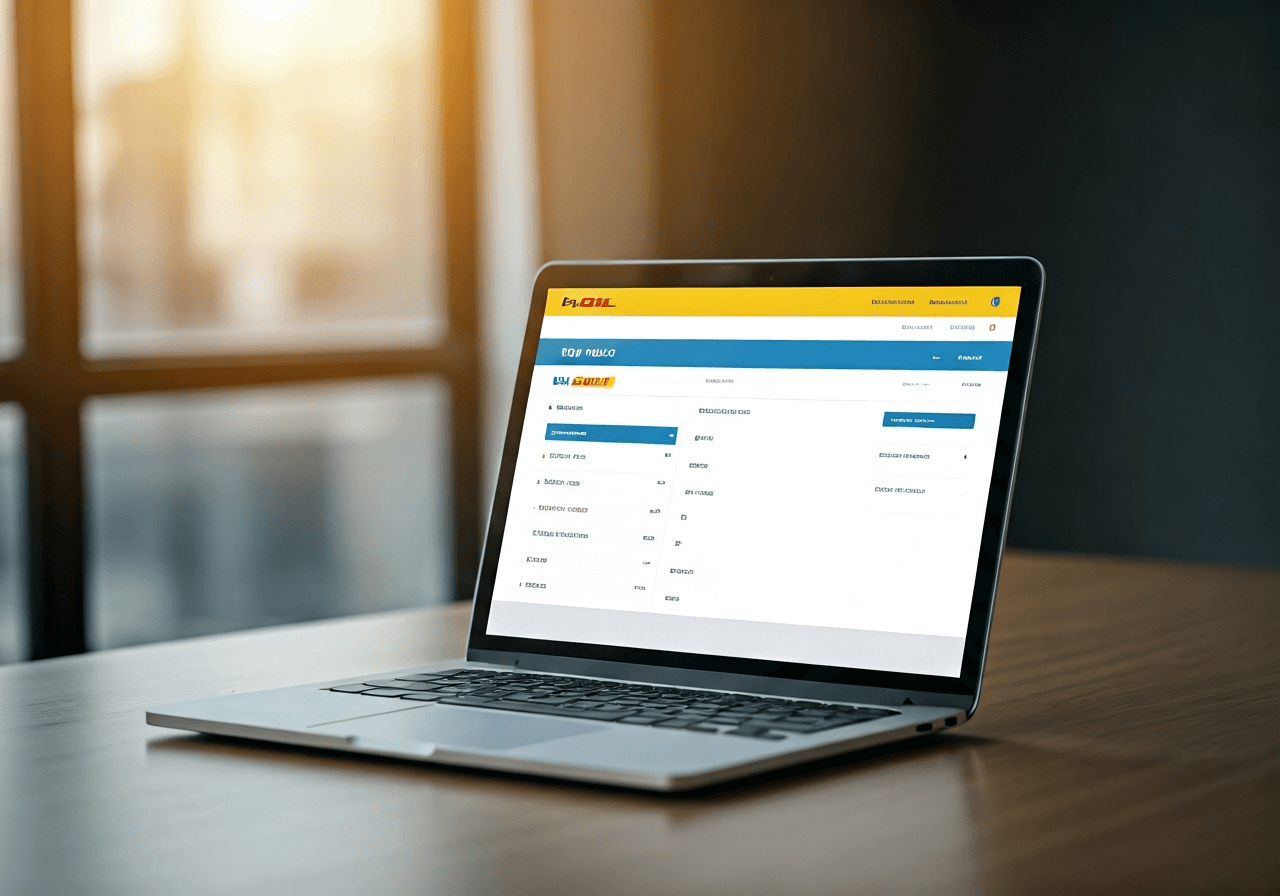 A professional logistics office desk with a clean laptop screen showing the MyDHL+ dashboard interface, modern minimalist workspace, bright natural morning light, editorial photography, 85mm lens, high-end corporate aesthetic, no text, no words, no letters.