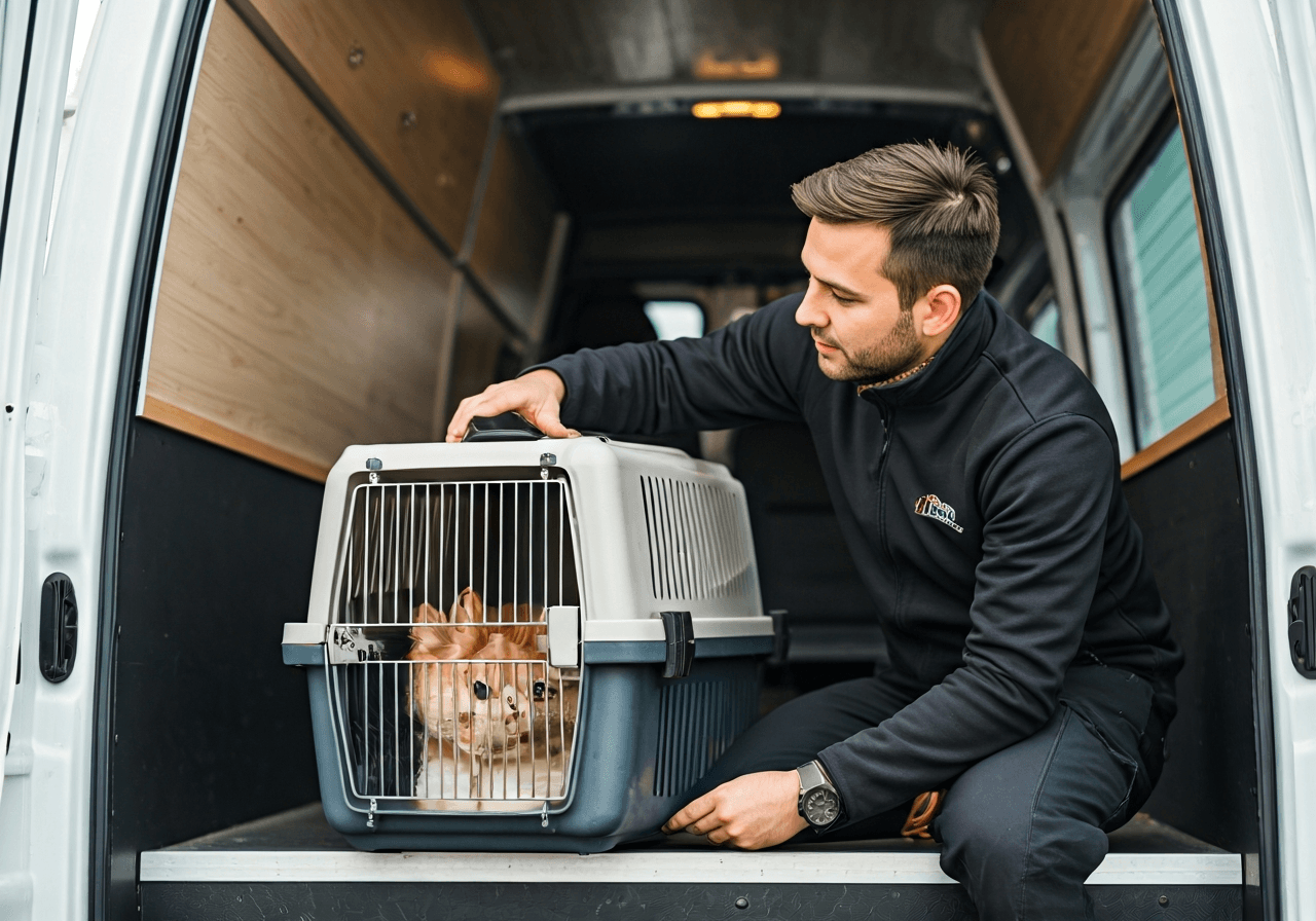 PPL přeprava zvířat: Je to bezpečné? (Pravda o službě) 3 A professional animal transport specialist checking a comfortable, climate-controlled pet carrier in a modern, clean van, soft natural light, editorial photography, 85mm lens, highly detailed, no text, no words, no letters