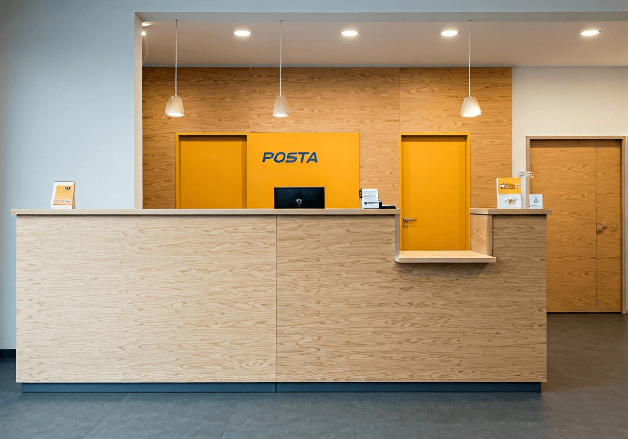 Editorial photography, a modern and clean postal service counter in a small Czech municipality, minimalist interior design with wooden elements, soft natural light, 85mm lens, highly detailed, no text, no letters