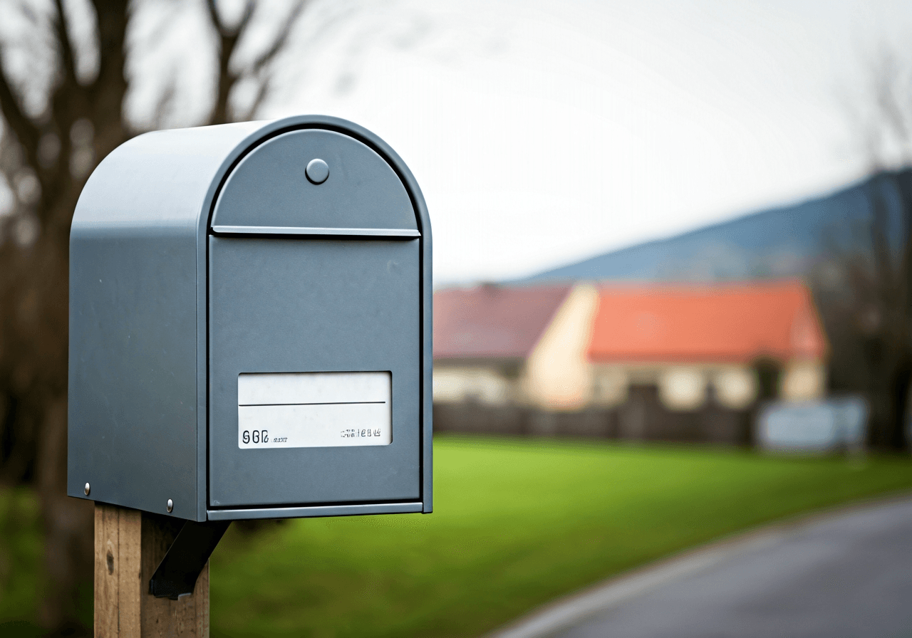 A detailed close-up shot of a modern mailbox with a blurred Czech village landscape in the background, Editorial photography, premium, clean composition, soft natural light, 85mm lens, no text, no words, no letters