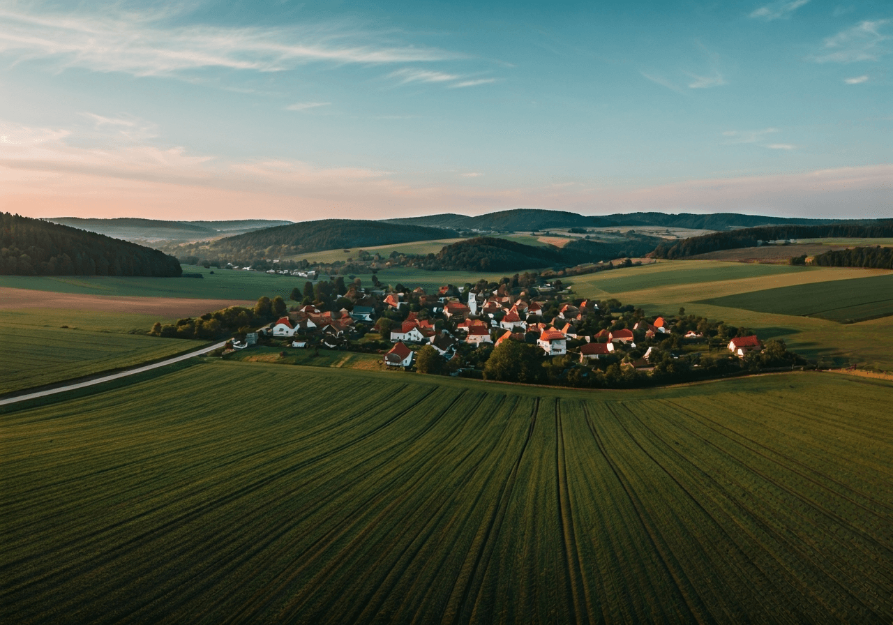 Aerial view of a peaceful Czech village nestled in a lush green valley, clean rural landscape, editorial photography, soft natural light, 85mm lens, high resolution, no text, no letters, no labels