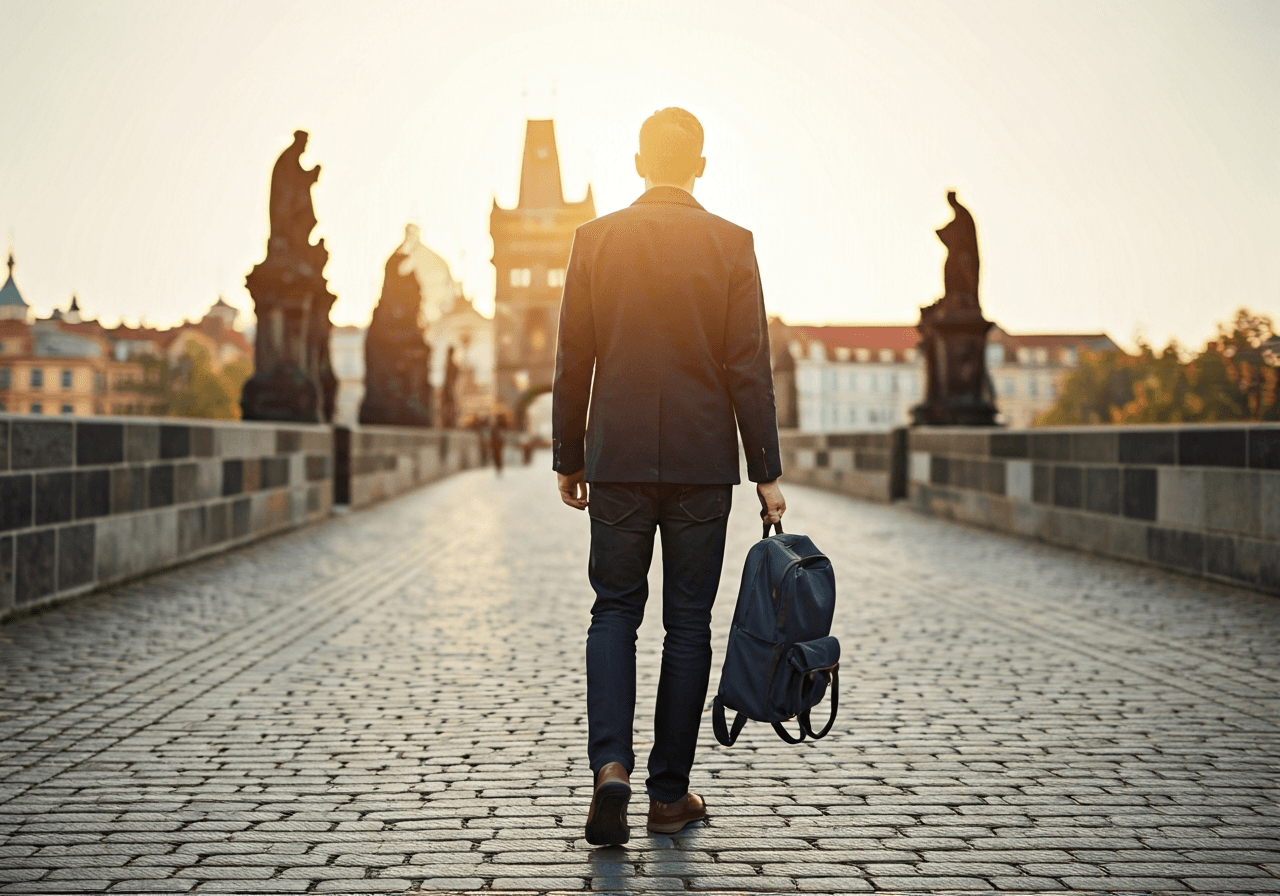 A stylish traveler walking hands-free through a sunlit, historic cobblestone street in Prague, carrying only a small daypack, blurred background of Charles Bridge, editorial photography, soft natural light, 85mm lens, highly detailed, no text, no letters.