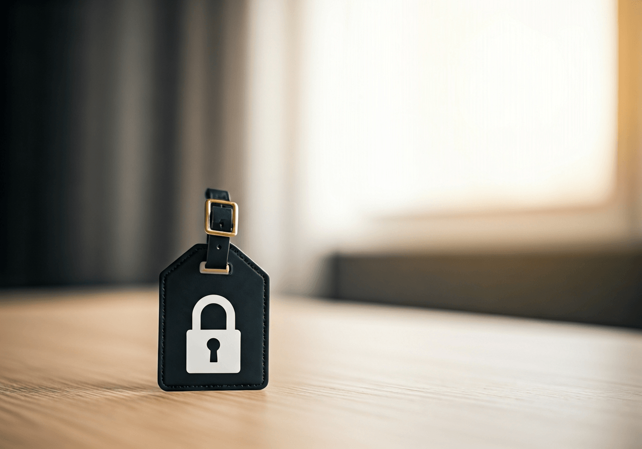 A high-quality, professional luggage tag with a security seal icon, resting on a clean, modern wooden surface in a bright, minimalist lounge, soft natural light, 85mm macro lens, editorial aesthetic, no text, no letters.