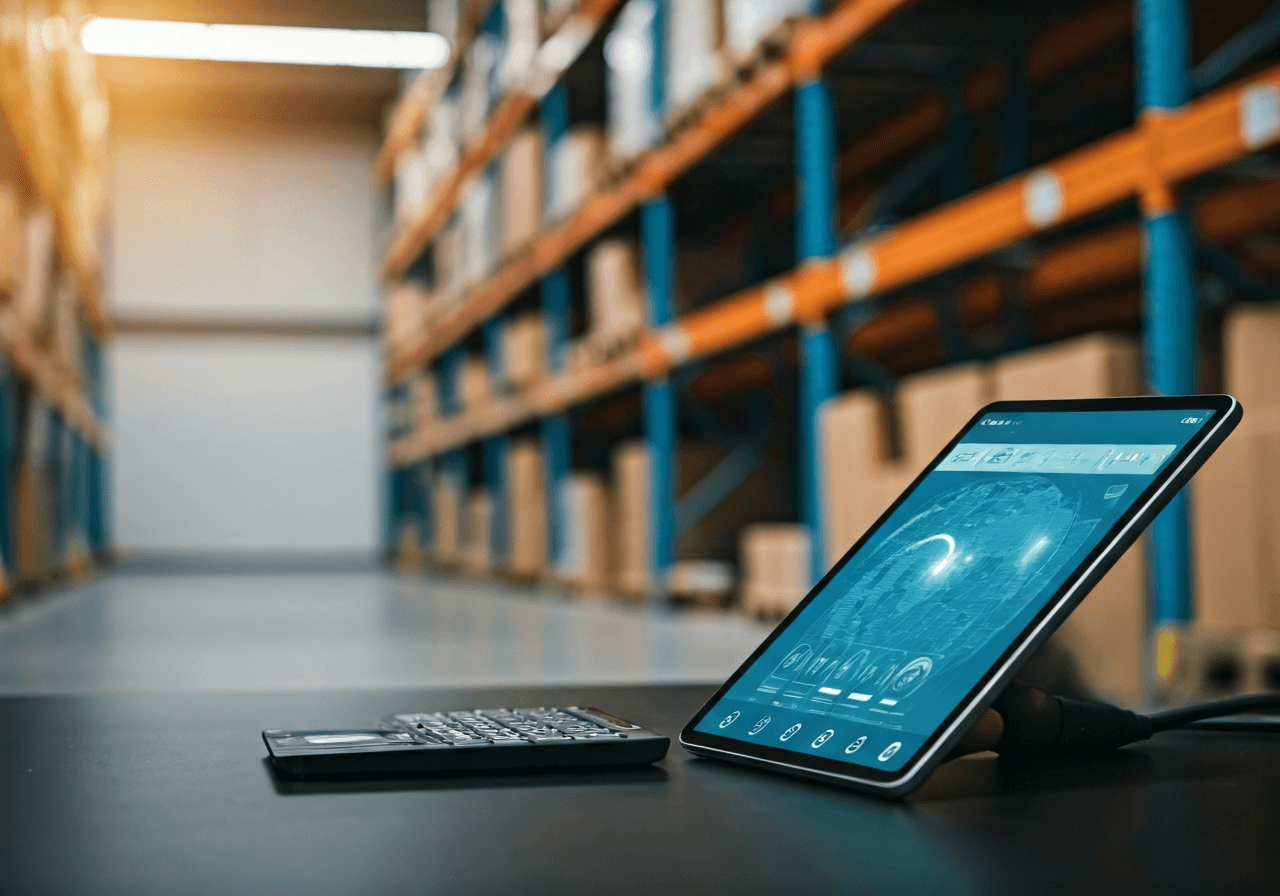 A professional logistics warehouse environment with high-tech scanning equipment and a close-up of a digital tablet showing a real-time global tracking interface, modern aesthetic, editorial photography, soft natural light, 85mm lens, highly detailed, no text, no letters.