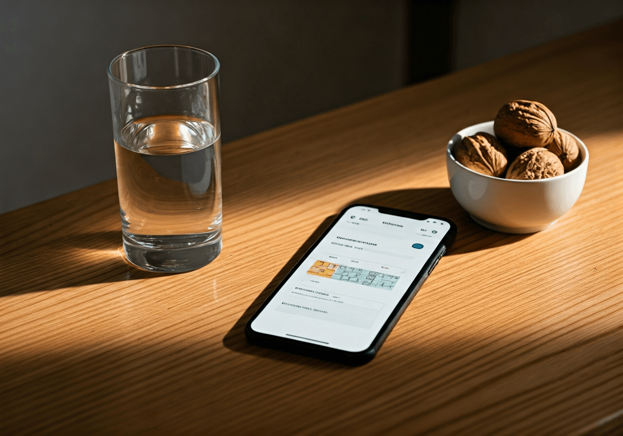 A high-end editorial shot of a smartphone displaying a logistics tracking application on a wooden table, next to a fresh glass of water and a bowl of walnuts, soft morning light, minimalist aesthetic, 85mm lens, high quality, no text, no words.