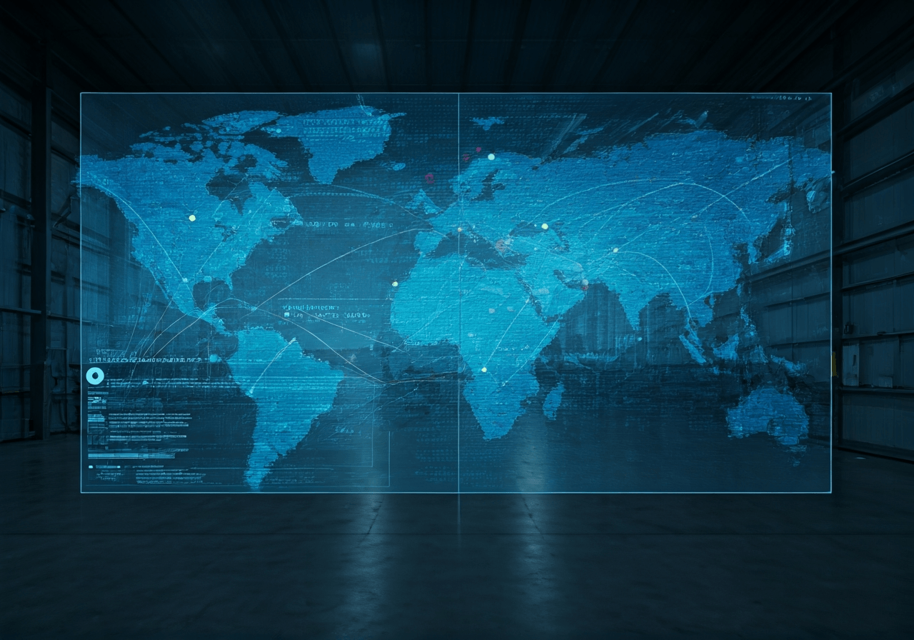 A professional modern logistics warehouse office, clean aesthetic, minimalist design with digital screens showing global shipping routes, soft natural light, 85mm lens, high resolution, no text, no letters, no branding